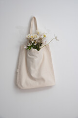 wildflowers in a reusable cloth vintage bag. Eco-friendly and natural. plastic-free and zero waste