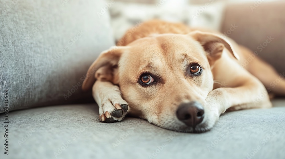Poster a light brown dog rests its head on a gray couch, its expressive eyes gazing thoughtfully ahead. the