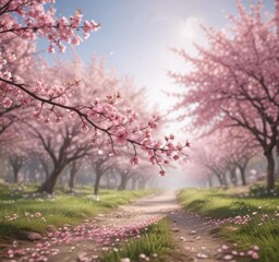 Naklejka premium Soft pink sakura petals descend against a blurred spring landscape Seasonal beauty , nature, color