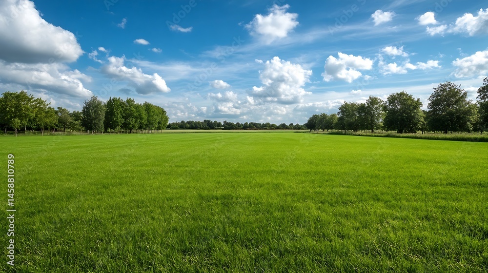 Poster expansive green field under a vibrant blue sky dotted with fluffy white clouds, bordered by lush gre