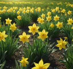 Fototapeta premium Sunny yellow daffodils burst forth in a vibrant green field , floral, blossom, wildflower