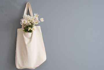 wildflowers in a reusable cloth vintage bag. Eco-friendly and natural. plastic-free and zero waste