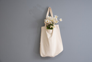 wildflowers in a reusable cloth vintage bag. Eco-friendly and natural. plastic-free and zero waste