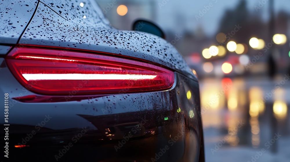 Aufkleber close-up view of a dark-colored car's taillight, illuminated, with rain droplets on the glossy surfa