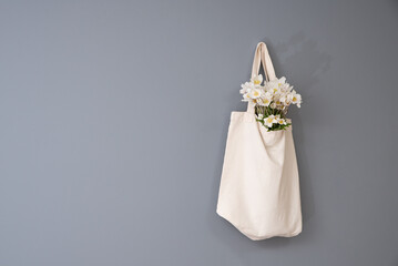 wildflowers in a reusable cloth vintage bag. Eco-friendly and natural. plastic-free and zero waste
