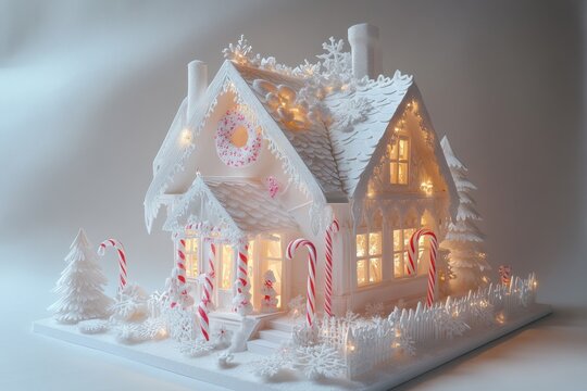 Whimsical white gingerbread house with holiday details - Powered by Adobe