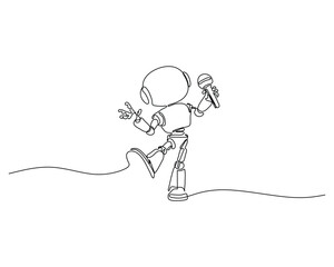 Continuous line drawing of a joyful robot performing with a microphone, minimalistic and dynamic design, ideal for music, technology, and entertainment concepts.