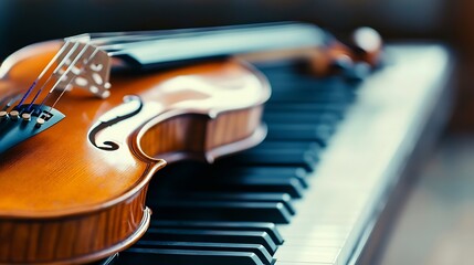 Fototapeta premium Close-up view of a violin resting on a piano keyboard, showcasing the instrument's rich, amber-toned wood and intricate details. : Generative AI