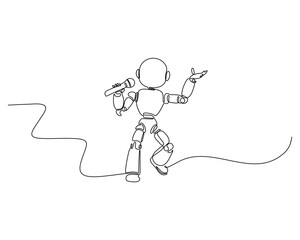 Continuous line art of a robot singer holding a microphone and performing energetically, minimalistic style, perfect for technology, music, and entertainment themes.