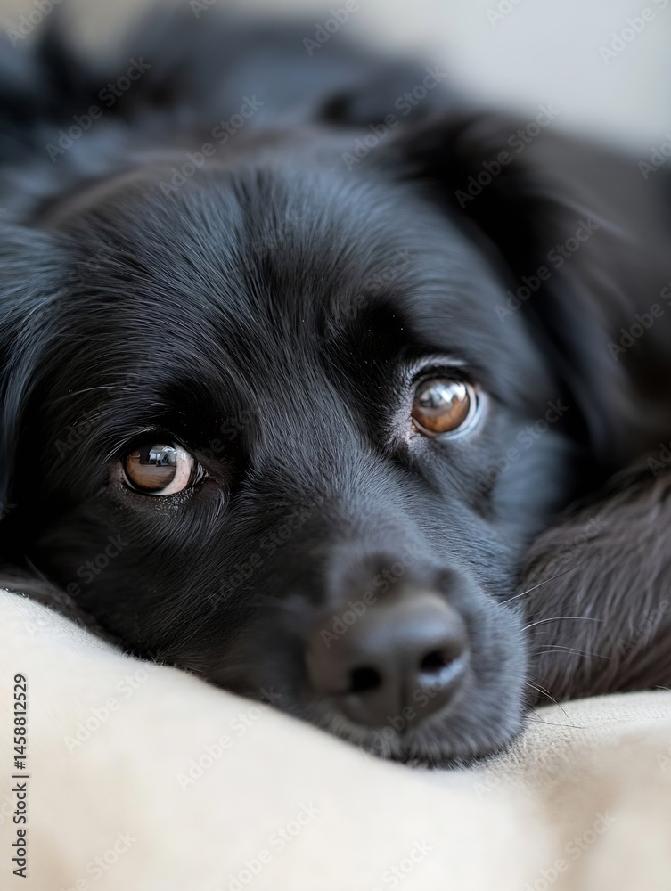 Poster close-up portrait of a relaxed black dog resting its head on a beige surface, showcasing its express