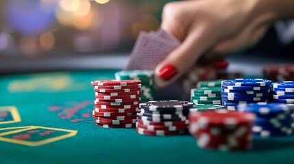Fototapeta premium Close-up of poker chips and cards on a green casino table, a woman's hand subtly visible, suggesting a high-stakes game in progress. : Generative AI