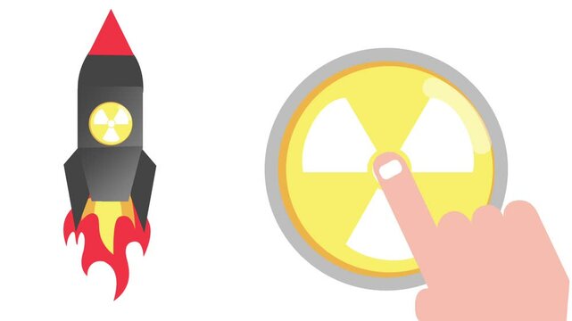 Nuclear Rocket Launch. Finger Presses Yellow Radiation Button