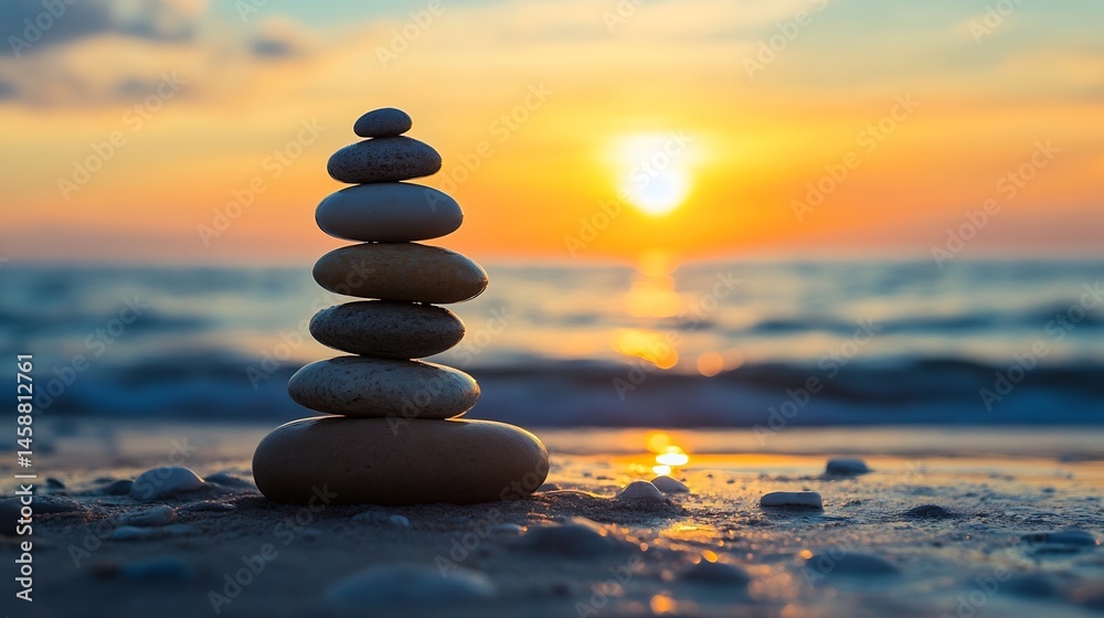 Aufkleber serene sunset scene featuring a balanced stack of smooth stones on a tranquil beach, reflecting the 