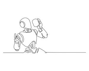 Continuous line art of a robot holding a speech bubble, symbolizing futuristic communication, technology, innovation, digital conversations, and AI interaction.