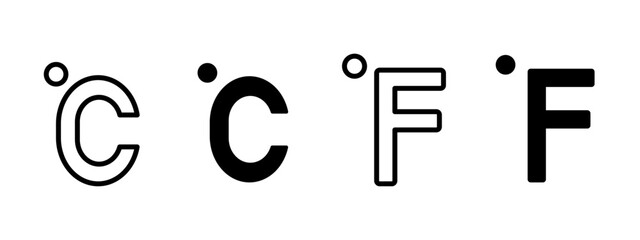 Temperature icon. Celsius and Fahrenheit degree symbols vector illustration. Measurement units for heat and cold. Weather forecast pictogram representing temperature scale and climate data.