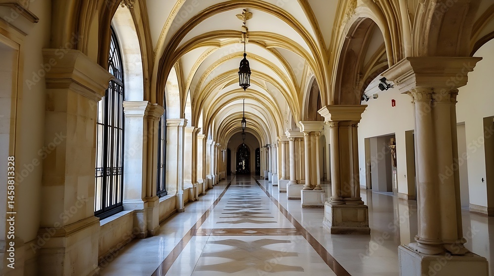 Poster long, sunlit corridor with arched ceilings and elegant columns, showcasing a classical architectural