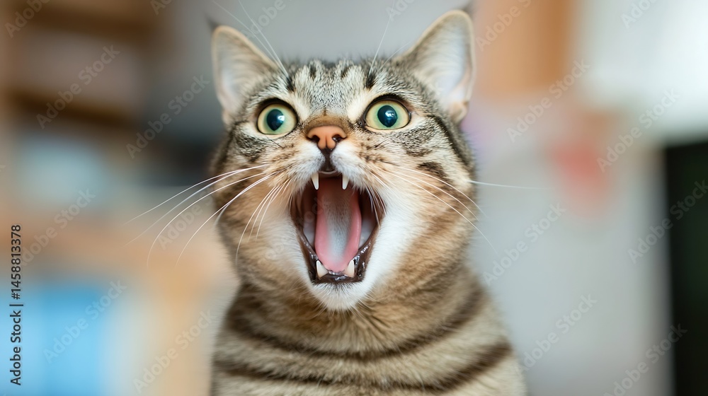 Poster close-up portrait of a tabby cat with its mouth wide open, showing teeth and pink tongue. the cat's 
