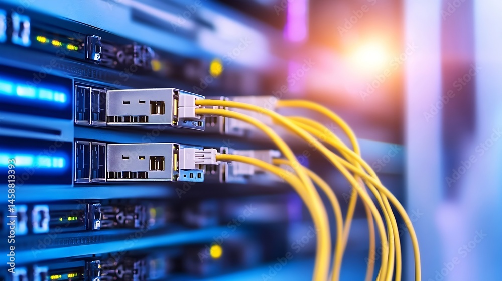 Poster close-up view of fiber optic cables connected to network server ports, showcasing data transfer tech