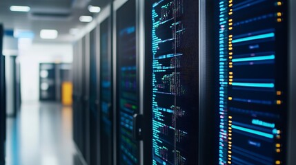 Close-up view of server racks displaying lines of teal and orange code in a modern data center hallway. : Generative AI