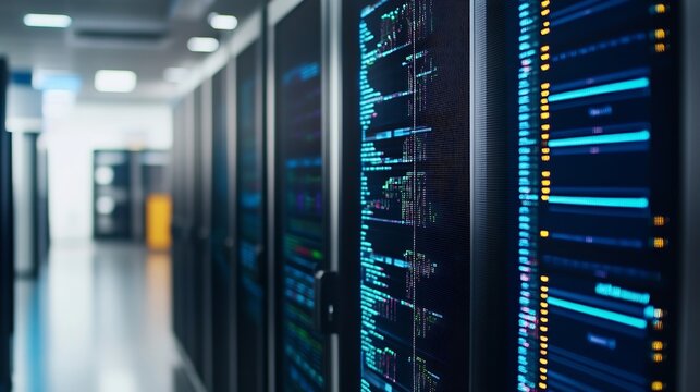 Close-up view of server racks displaying lines of teal and orange code in a modern data center hallway. : Generative AI - Powered by Adobe