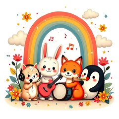 Fototapeta premium Adorable Animal Band Playing Music Under a Bright Rainbow Sky