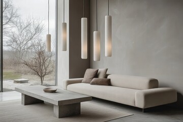 Modern minimalist living room with pendant lights