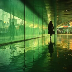 Fototapeta premium Emerald Reflections Woman Walks in Underpass