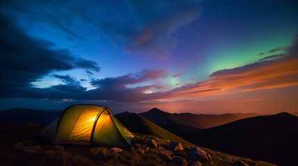 A glowing tent beneath the northern lights in a tranquil mountain setting, capturing nature's serene beauty under the night sky.