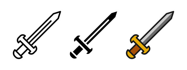 Sword icon. Straight-edged medieval blade with cross-guard vector illustration. Classic steel weapon symbol. Combat and battle pictogram for fantasy games, knight equipment sets or military themes.