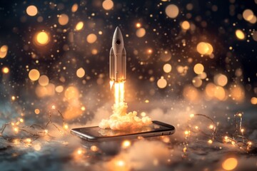 Miniature rocket launch from smartphone surrounded by glowing particles and dreamy atmospheric lights symbolizing innovation and imagination