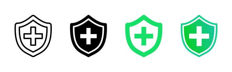 Fototapeta premium Health protection icon. Medical cross on shield vector illustration. Safety and healthcare defense symbol. Secure aid pictogram for hospital apps, antivirus software or emergency service branding.