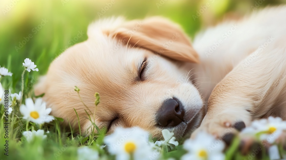 Poster adorable golden retriever puppy sleeping peacefully amidst a field of blooming daisies, bathed in so