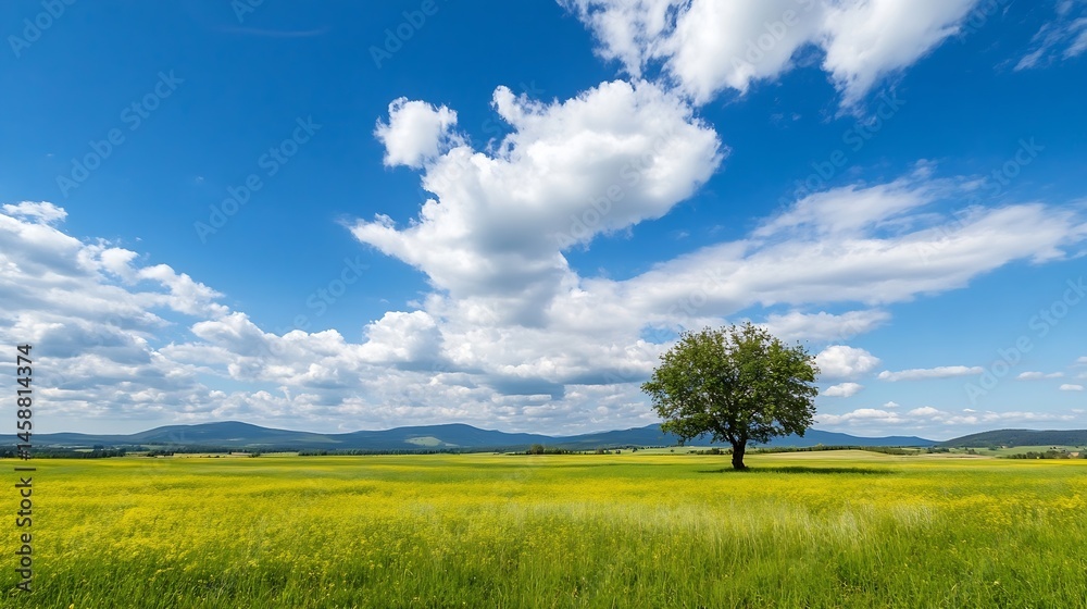 Poster solitary tree stands in vibrant yellow field under a bright blue sky with fluffy cumulus clouds, dis