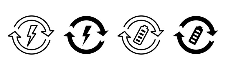 Battery charging icon. Circular arrows with lightning bolt and battery vector illustration. Electric energy symbol for power supply, eco-friendly charging and renewable technology concepts.