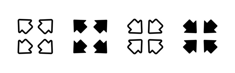 Inward arrows icon. Four arrows pointing toward the center vector illustration. Compression or collapse symbol for user interface, layout controls or screen minimization actions.