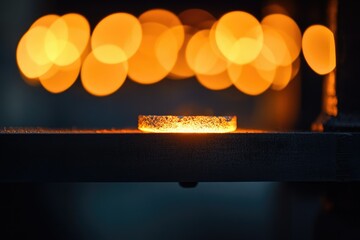 Glowing metal disc on a dark surface, illuminated by blurred orange lights in the background.