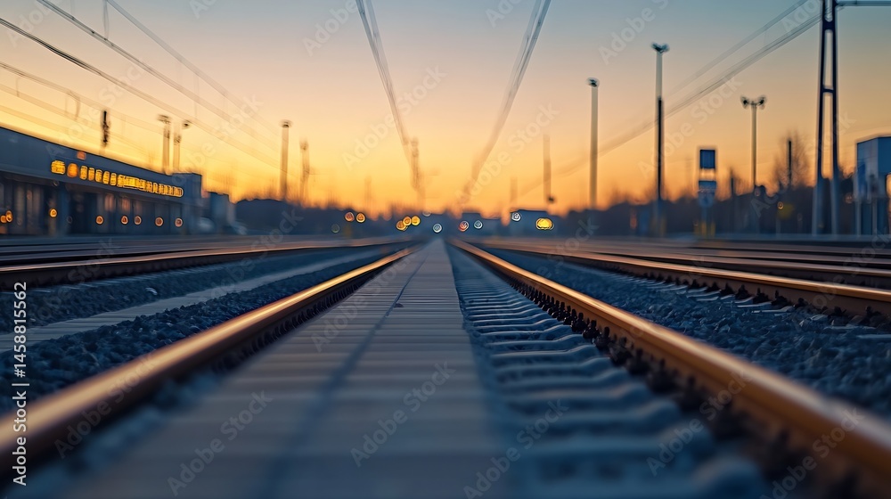 Poster sunset view of train tracks receding into the distance, with a warm orange glow in the sky and blurr