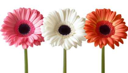 three gerbera flowers isolated on transparent background
