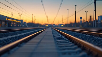 Fototapeta premium Sunset view of train tracks receding into the distance, with a warm orange glow in the sky and blurred buildings and lights in the background. : Generative AI