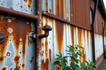 Industrial Decay Texture: Vibrant Rust Colors on Weathered Metal Detail of an Abandoned Industrial Building Facade