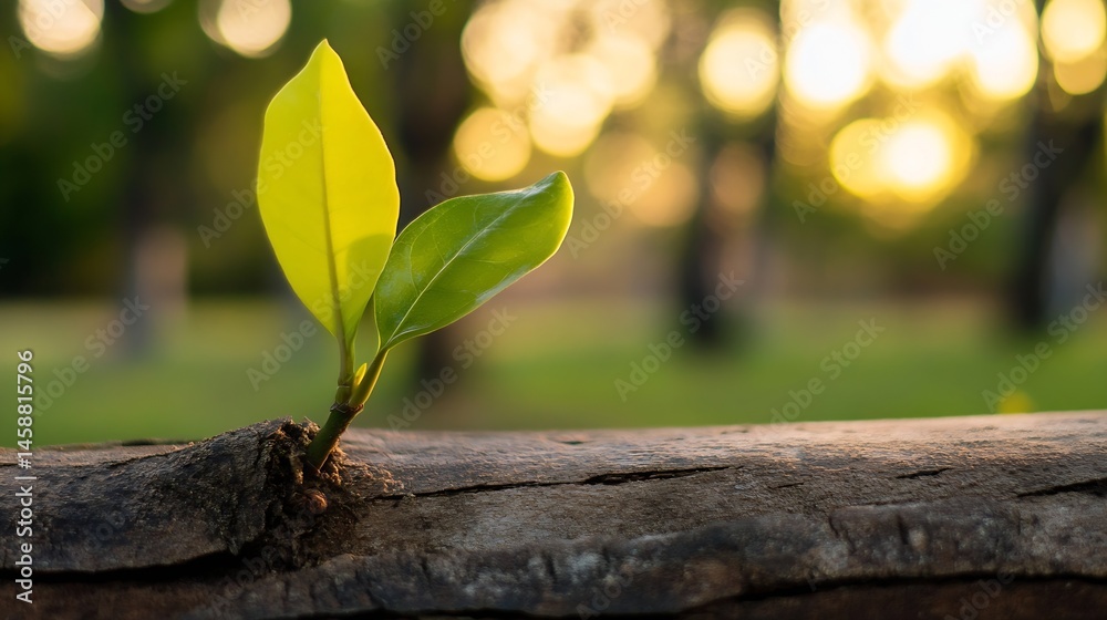 Poster a vibrant new sprout emerges from weathered wood, bathed in the warm glow of a setting sun, symboliz