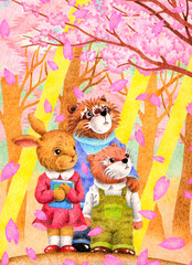 手描き・動物イラスト - 兔・アライグマ・カワウソ・花見・桜