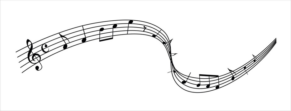 Musical notes in decorative wavy pattern isolated on white background	
