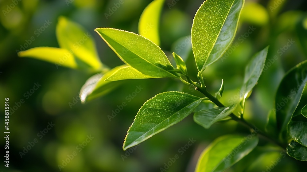 Poster Close-up view of vibrant green tea leaves illuminated by sunlight, showcasing their intricate vein patterns and fresh, healthy appearance on a branch. : Generative AI
