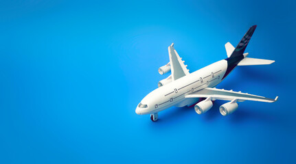 Aircraft on empty space blue background. Ticket's sale,discount,fly trip promotion.Plane model. Cheap trip,jorney.Airplane,sky jet.
