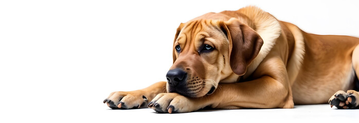 A beautiful russet-coated dog rests peacefully on a pristine white background, showcasing its glossy fur and relaxed posture. This minimalist studio portrait captures the dog's natural elegance