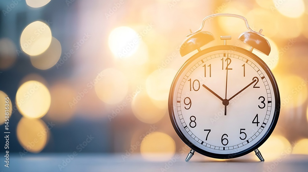 Poster classic alarm clock showing the time against a bokeh background of warm, golden lights, suggesting a