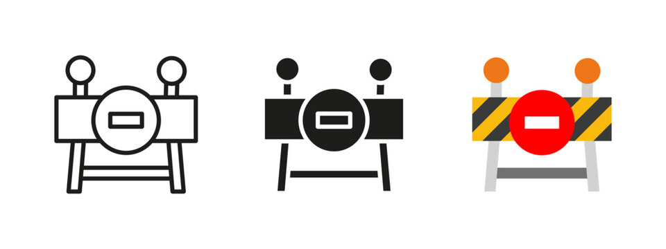 Road barrier icon. Traffic barricade with stop sign vector illustration. Construction zone warning symbol with striped pattern and round prohibition mark. Safety, roadwork alerts and restricted sign.