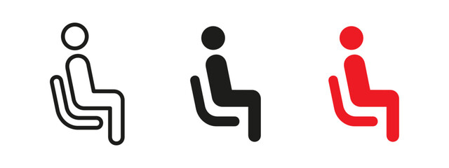Seat icon. Person sitting in a chair vector illustration. Comfortable passenger pose symbol used in transport signage and waiting areas. Ideal for public transportation, lounges and rest zone.