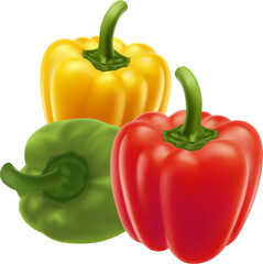 Close up arrangement of three fresh bell peppers in red, yellow, and green The peppers are positioned together, showcasing their smooth surfaces, distinct shapes.Ideal for food-related themes,